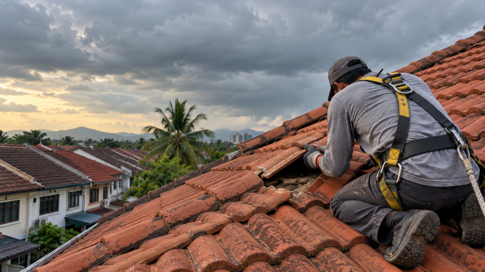 Tukang bumbung melutut di atas bumbung genting terracotta sambil memeriksa genting